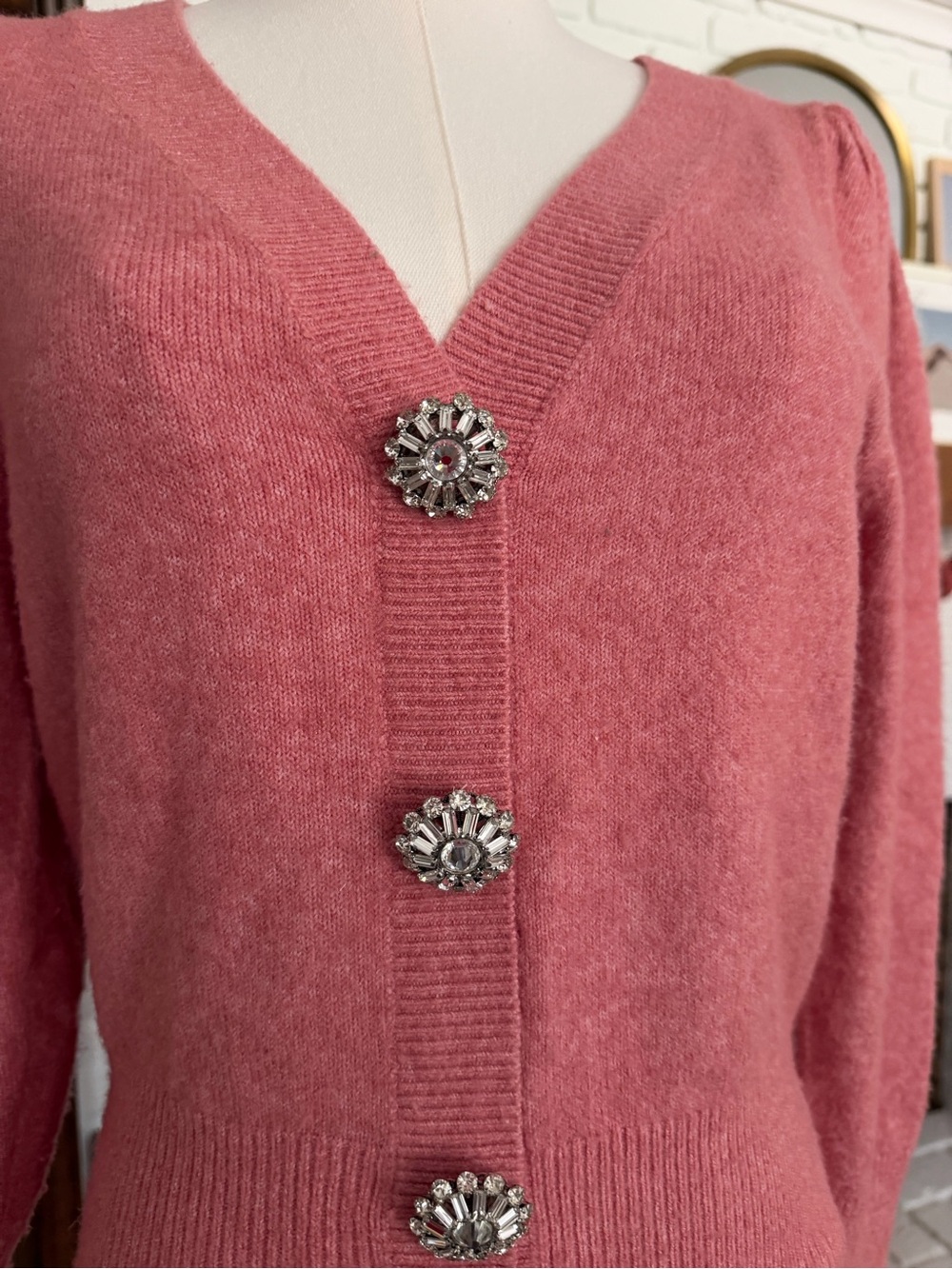 Express Pink V-Neck Button-Front Sweater - Picture 3 of 5